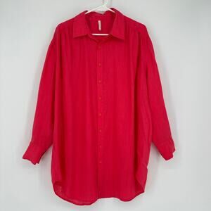 Sea Level Swim Cover Up Women Medium Linen Hibiscus Pink Button Front Shirt